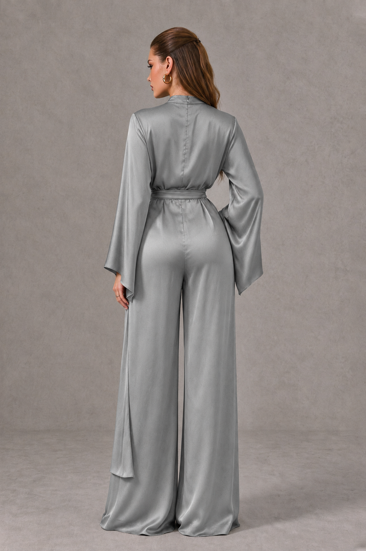 BOLODOO Grey Satin-Look Long Sleeve Wide-Leg Jumpsuit - Grey - Grey_02