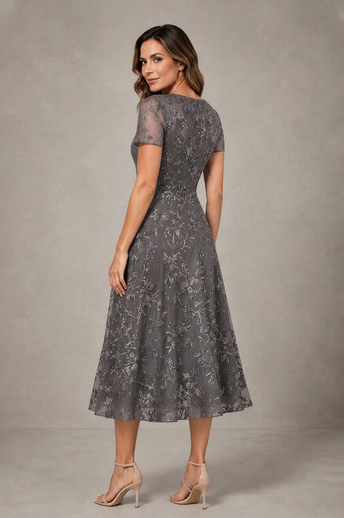 BOLODOO Grey Textured Floral A-Line Dress with Short Sleeves - Grey - Grey_02