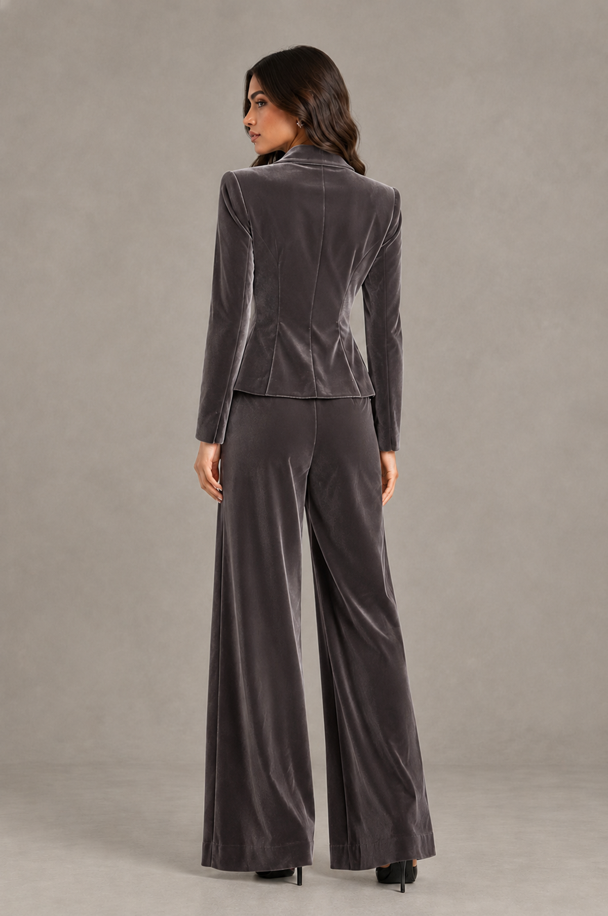 BOLODOO Grey Velvet Two-Piece Pantsuit with Long Sleeve Blazer & Wide-Leg Trousers - Grey - Grey_02