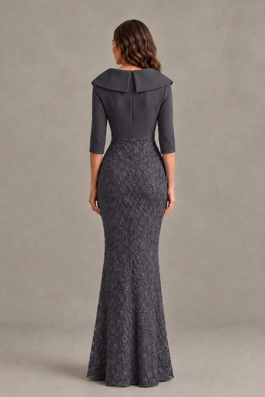 BOLODOO Grey Three-Quarter Sleeve Mermaid Evening Dress with Floral Detail - Grey - Grey_02