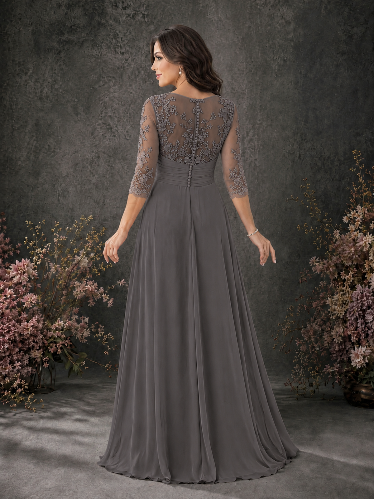 BOLODOO Grey Chiffon Lace Illusion Neckline 3/4 Sleeve Floor Length Formal Gown - Grey - Grey_02