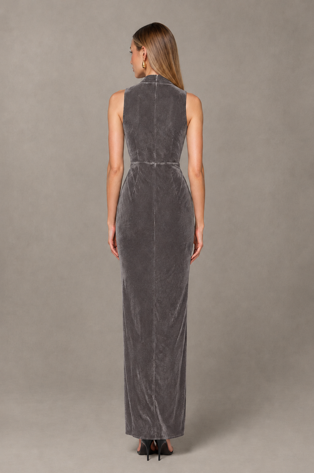 BOLODOO Grey Velvet-Look Sleeveless V-Neck Ruched Slit Maxi Dress - Grey - Grey_02