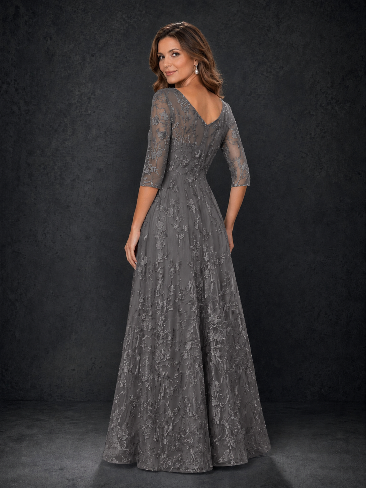 BOLODOO Grey Illusion Bateau Neck 3/4 Sleeve Floral Lace A-Line Mother of the Bride Dress MX007 - Grey - Grey_02
