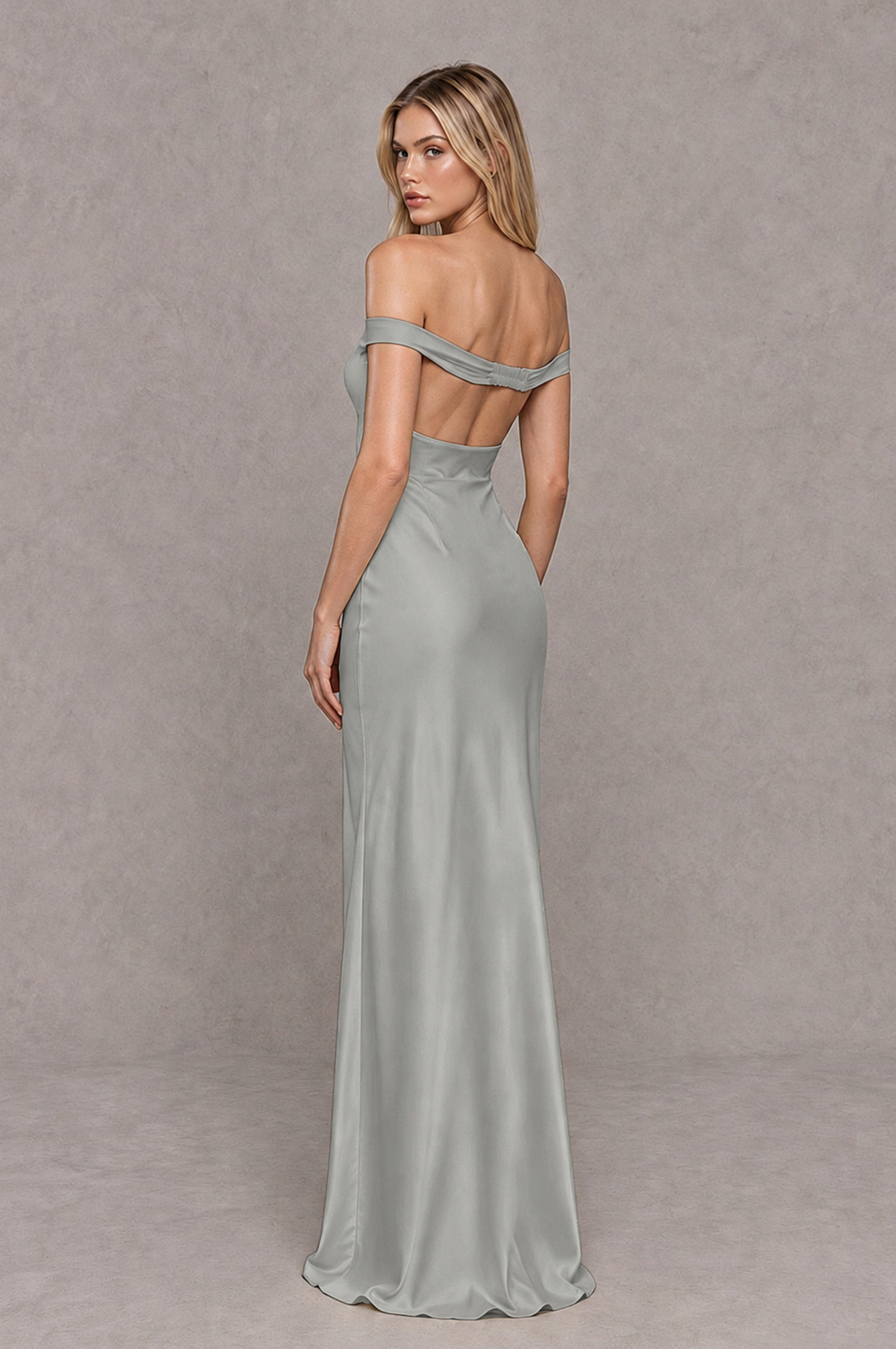BOLODOO Grey Off-Shoulder Open-Back Satin Evening Gown - Grey - Grey_02