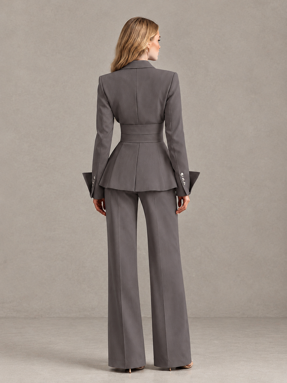BOLODOO Grey Belted Peplum Pantsuit with Long Sleeves & Wide-Leg Trousers - Grey - Grey_02