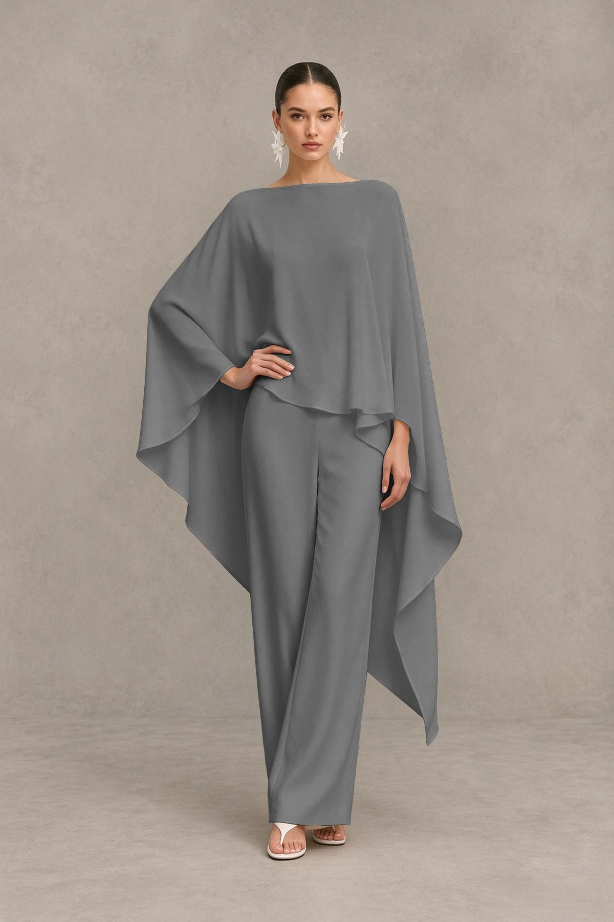 BOLODOO Grey Cape Sleeve Wide-Leg Formal Pantsuit - Grey - Grey_03