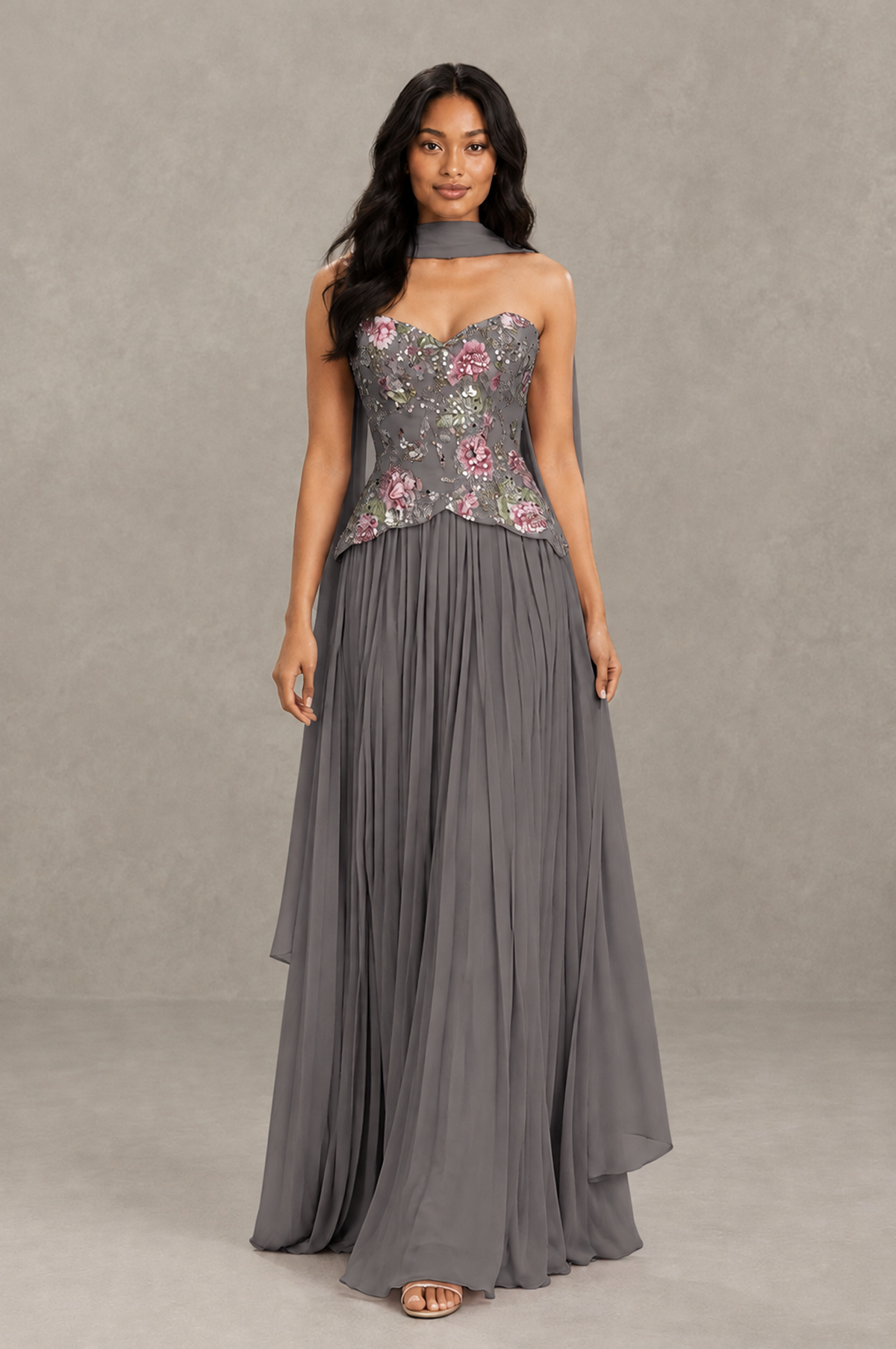 BOLODOO Grey Strapless Beaded Floral Corset Chiffon Maxi Gown – Open Back Prom & Formal Evening Dress - Grey - Grey_03
