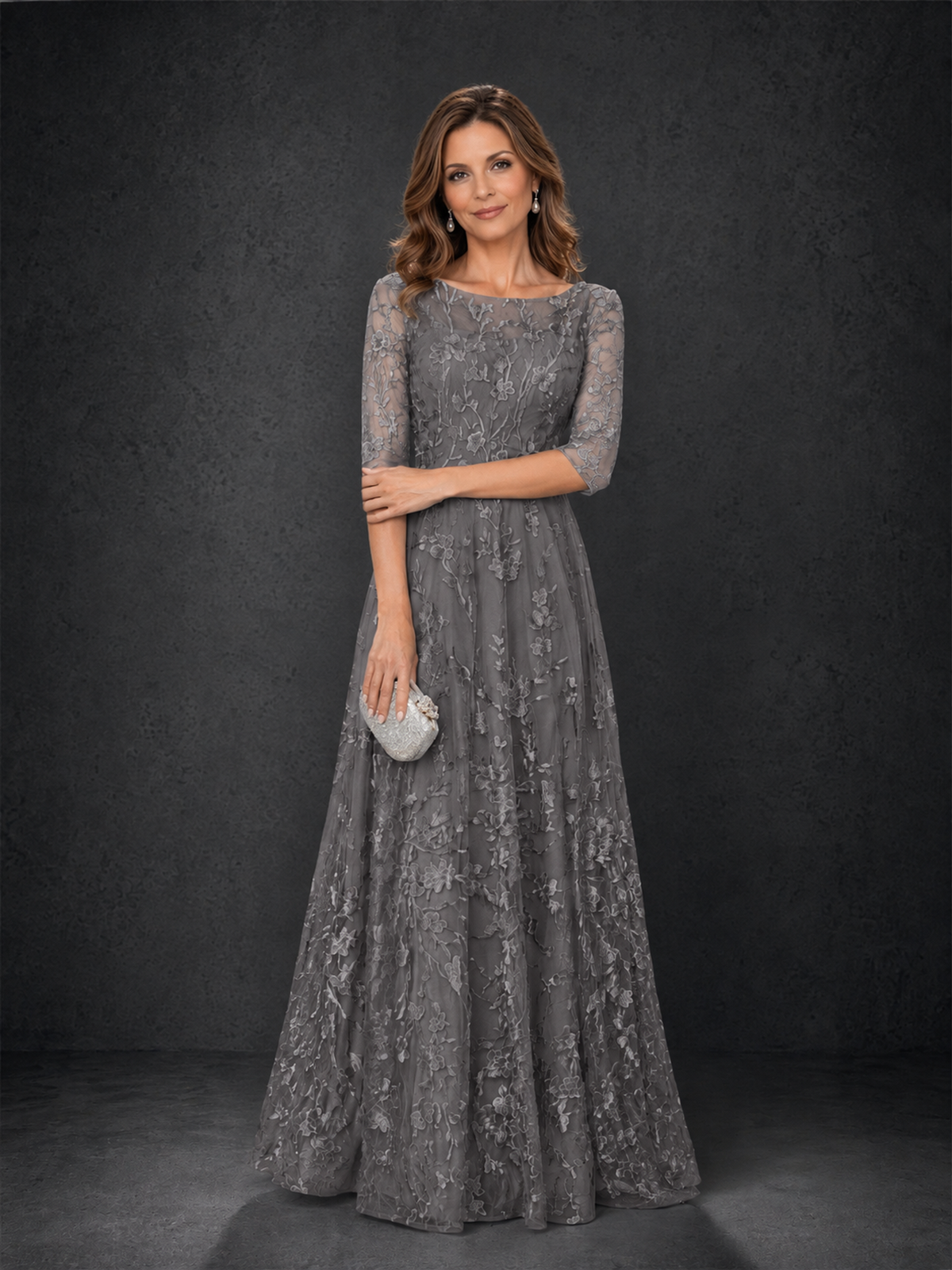 BOLODOO Grey Illusion Bateau Neck 3/4 Sleeve Floral Lace A-Line Mother of the Bride Dress MX007 - Grey - Grey_03