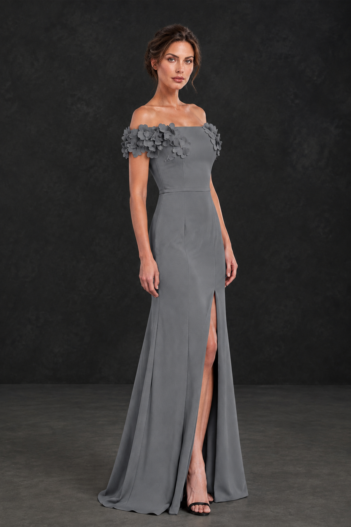BOLODOO Grey Off-the-Shoulder Mother of the Bride Dress with Floral Appliques - Grey - Grey_03