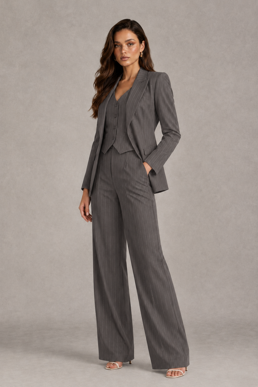 BOLODOO Women's Grey Pinstripe Three-Piece Pantsuit with Wide-Leg Trousers - Grey - Grey_03