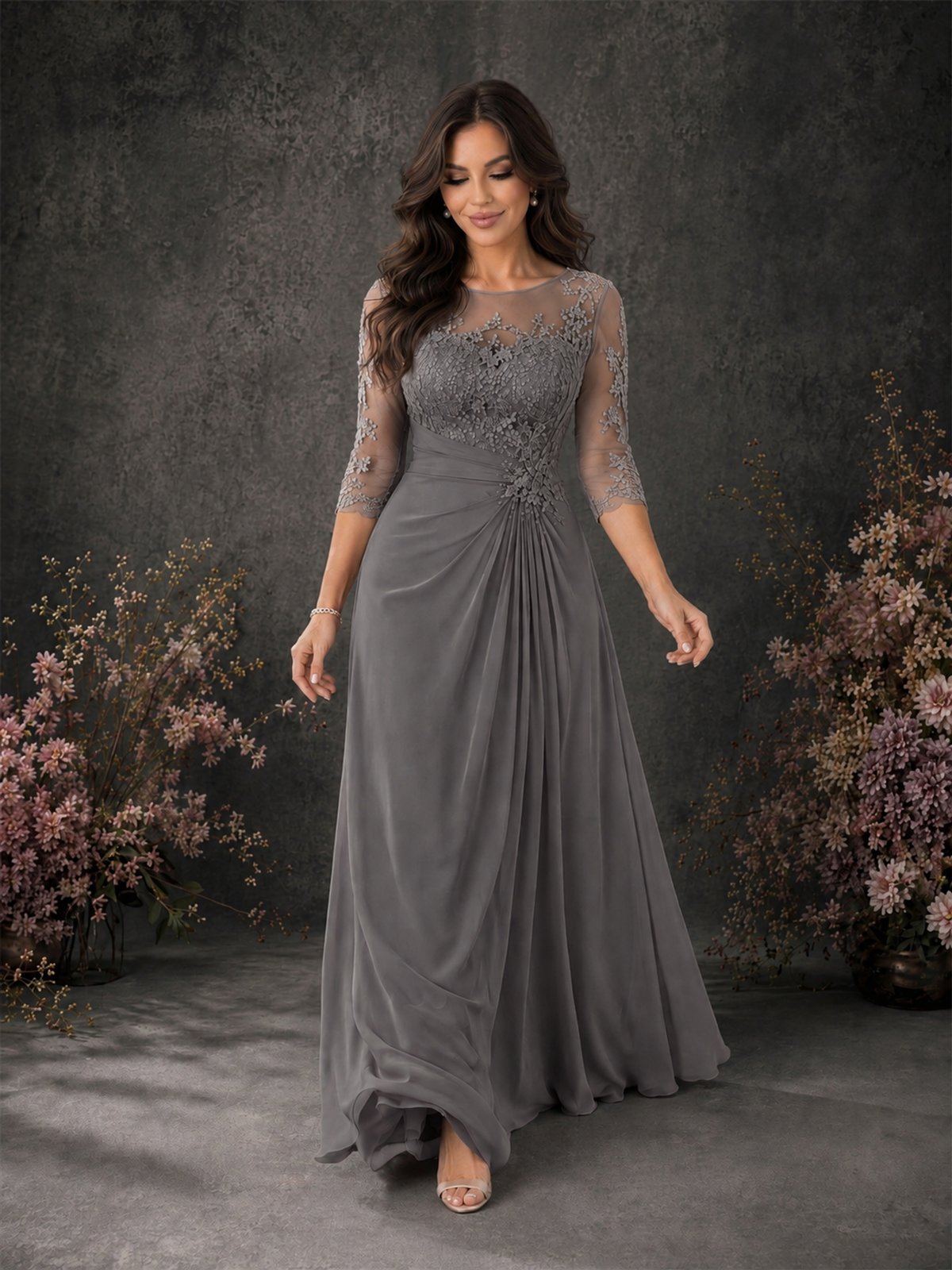 BOLODOO Grey Chiffon Lace Illusion Neckline 3/4 Sleeve Floor Length Formal Gown - Grey - Grey_03