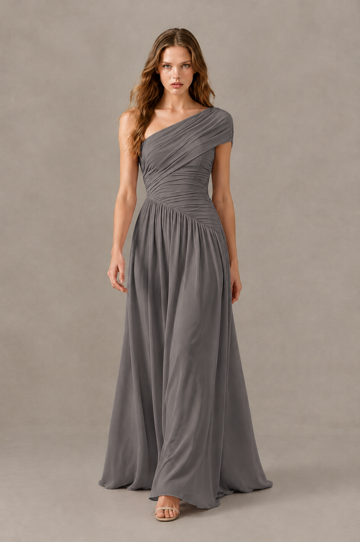 BOLODOO Grey One-Shoulder Ruched Floor-Length Bridesmaid Dress - Grey - Grey_03
