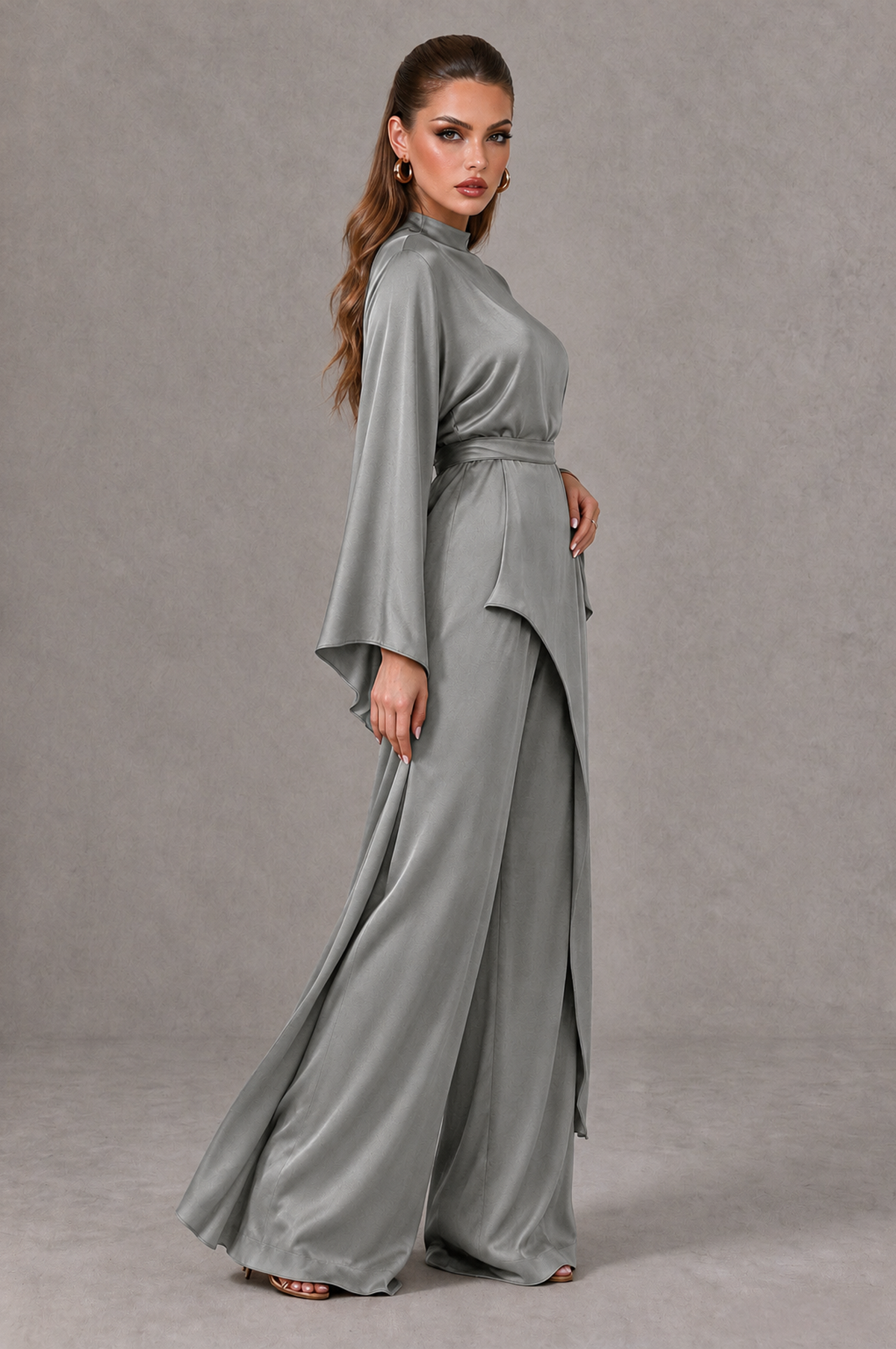BOLODOO Grey Satin-Look Long Sleeve Wide-Leg Jumpsuit - Grey - Grey_03