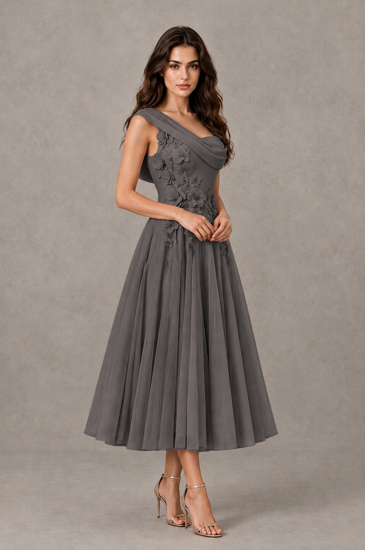 BOLODOO Grey One-Shoulder Floral Tulle Tea-Length Dress - Grey - Grey_03