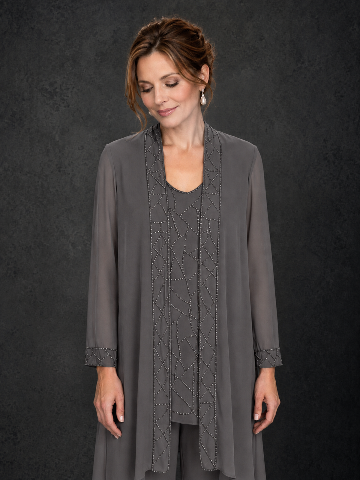 BOLODOO Grey 3-Piece Beaded Chiffon Duster Jacket Pant Suit - Grey - Grey_03
