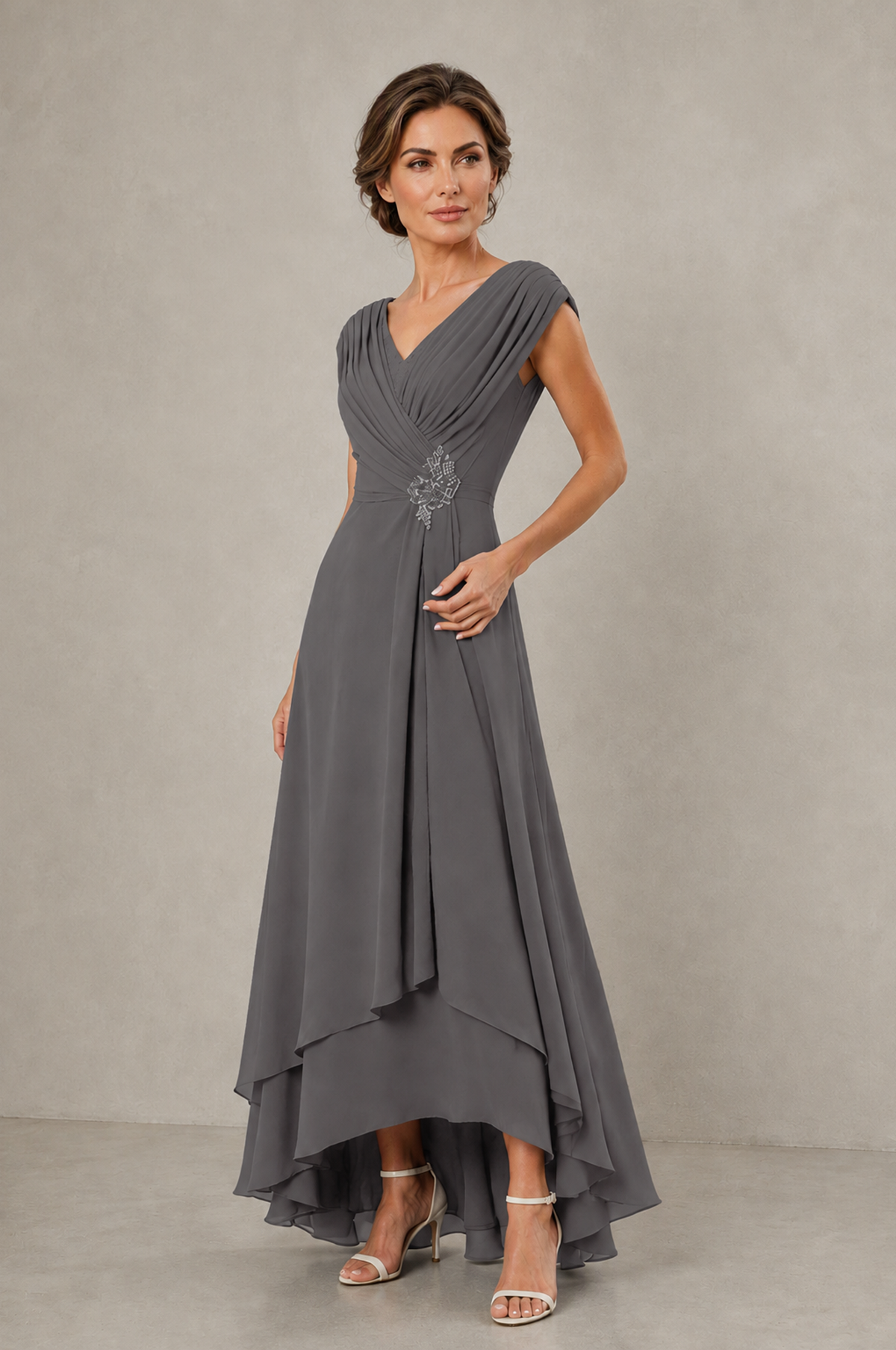 BOLODOO Grey V-Neck High-Low Mother of the Bride Dress - Grey - Grey_03