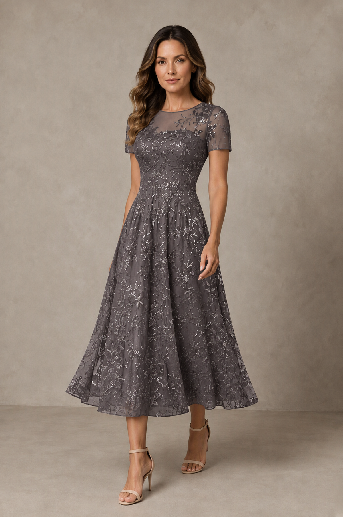 BOLODOO Grey Textured Floral A-Line Dress with Short Sleeves - Grey - Grey_03