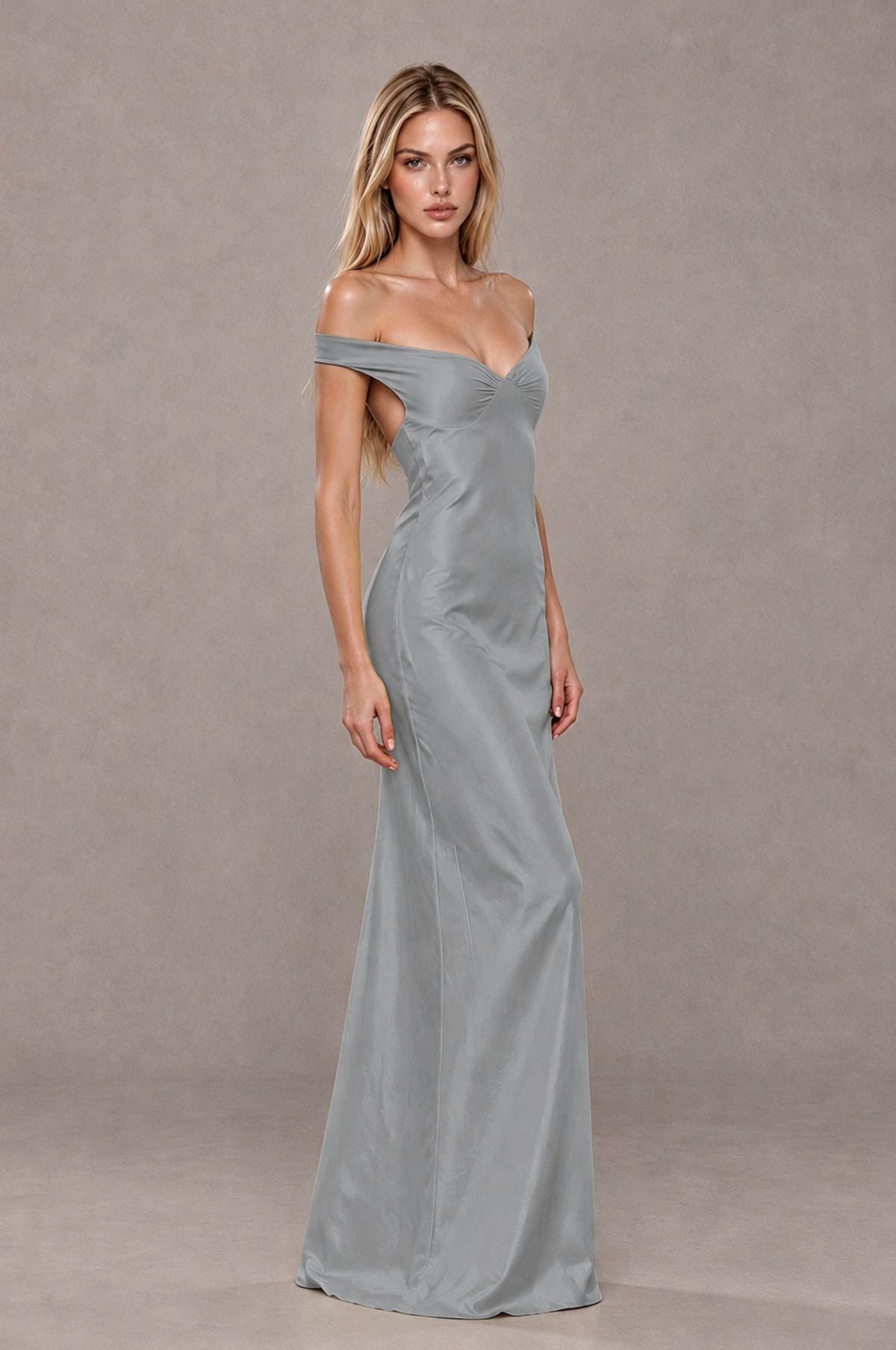BOLODOO Grey Off-Shoulder Open-Back Satin Evening Gown - Grey - Grey_04