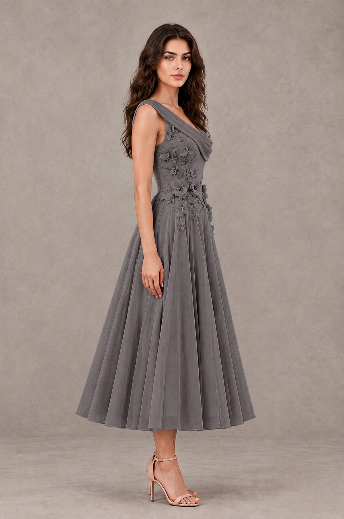 BOLODOO Grey One-Shoulder Floral Tulle Tea-Length Dress - Grey - Grey_04