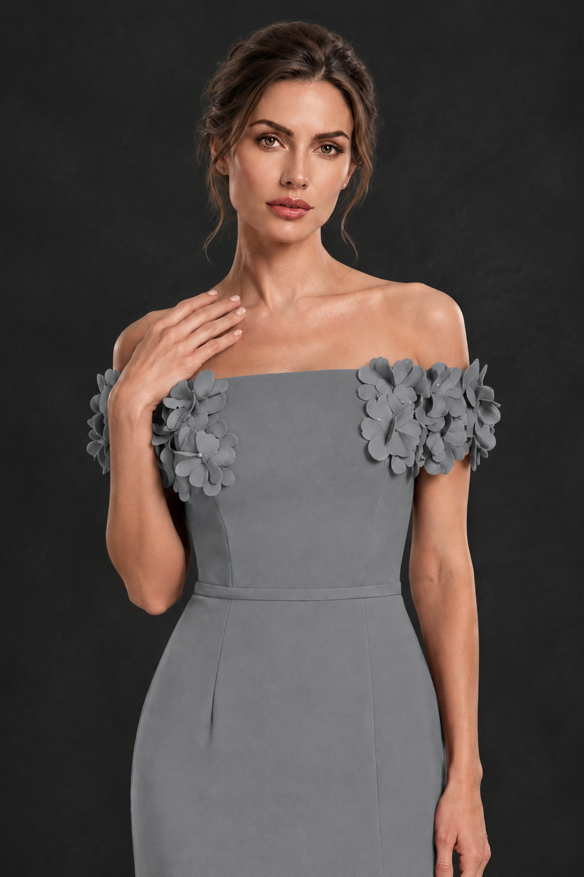 BOLODOO Grey Off-the-Shoulder Mother of the Bride Dress with Floral Appliques - Grey - Grey_04