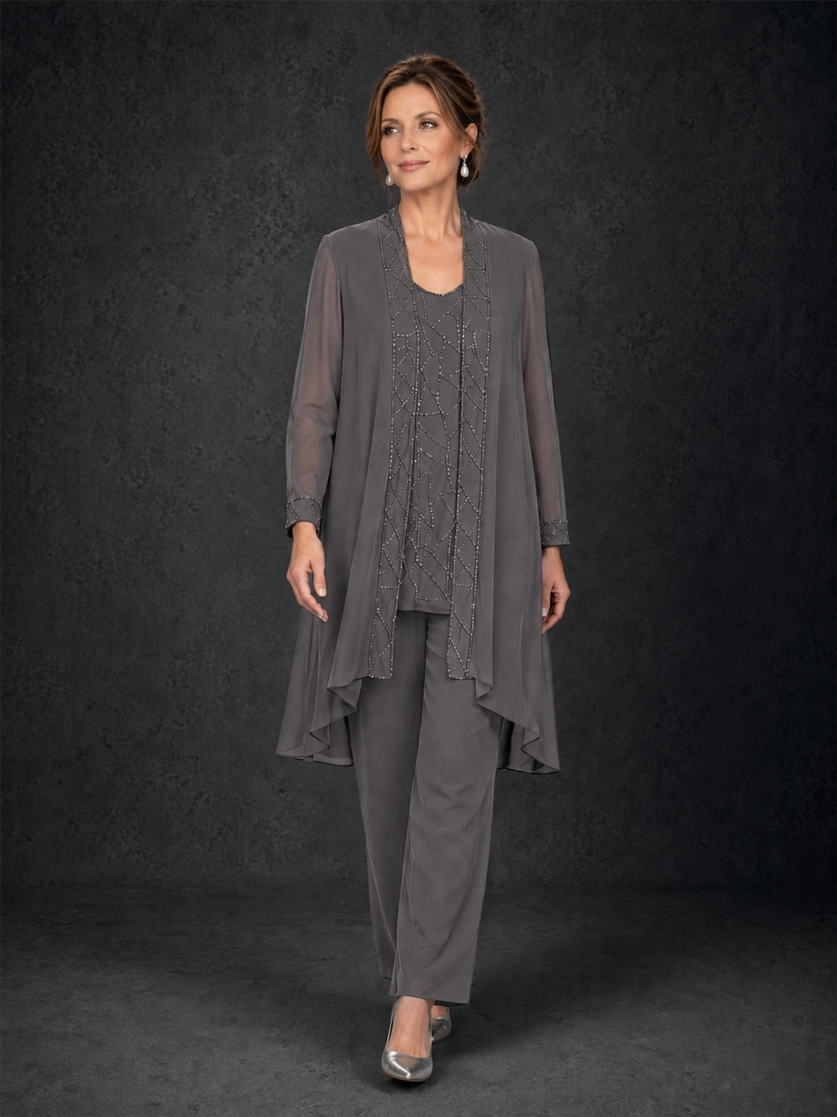 BOLODOO Grey 3-Piece Beaded Chiffon Duster Jacket Pant Suit - Grey - Grey_04