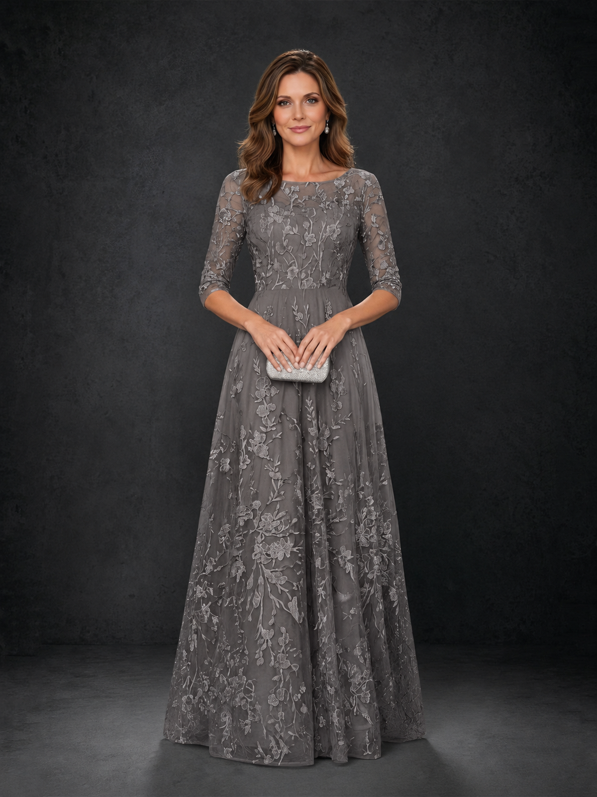 BOLODOO Grey Illusion Bateau Neck 3/4 Sleeve Floral Lace A-Line Mother of the Bride Dress MX007 - Grey - Grey_04
