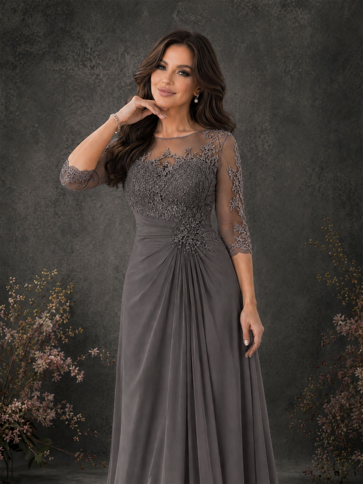 BOLODOO Grey Chiffon Lace Illusion Neckline 3/4 Sleeve Floor Length Formal Gown - Grey - Grey_04