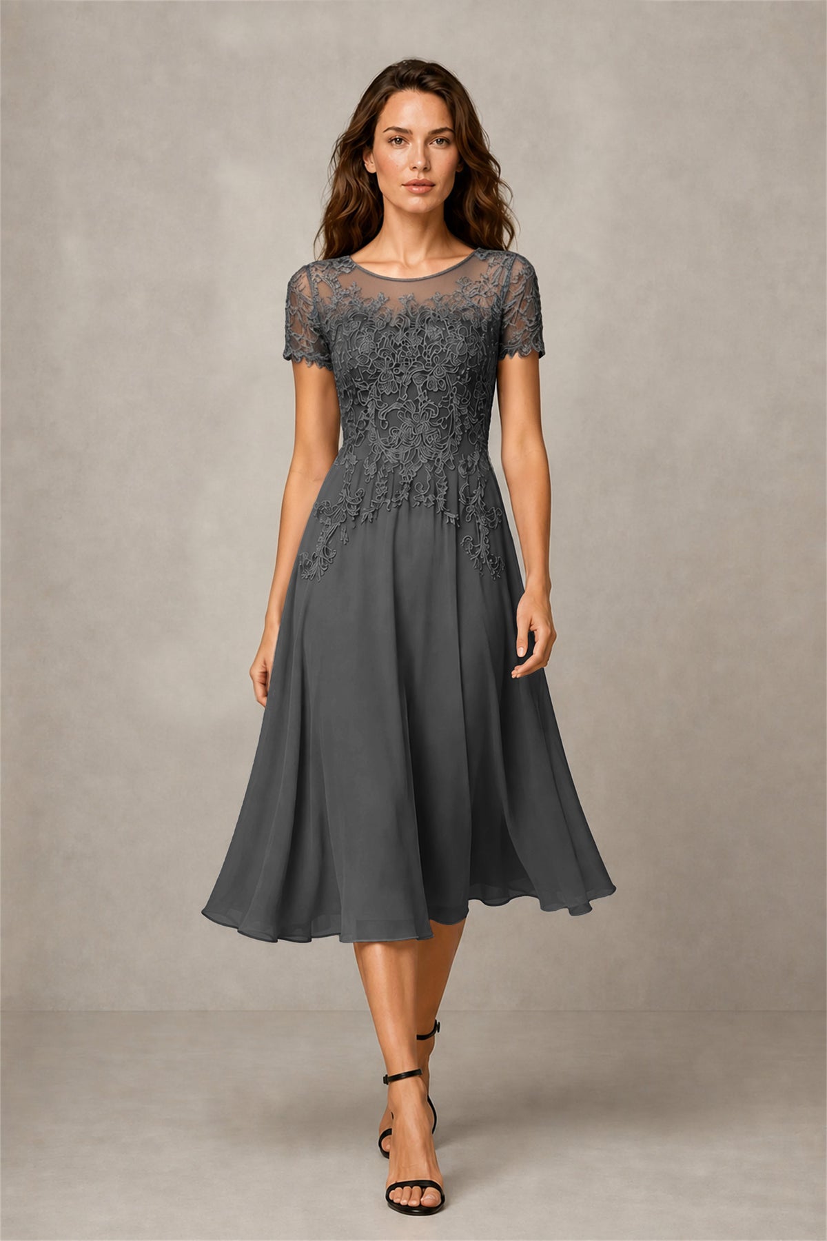 BOLODOO Steel Grey Beaded Lace Illusion Bodice Chiffon Tea-Length Dress | Mother of the Bride & Cocktail Party - Grey