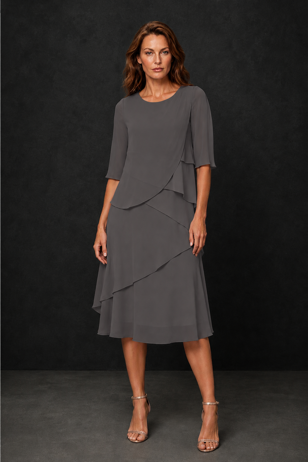 BOLODOO Grey Chiffon 3/4 Sleeve Asymmetric Tiered Tea Length Dress | Mother of the Bride Midi Dress - Grey