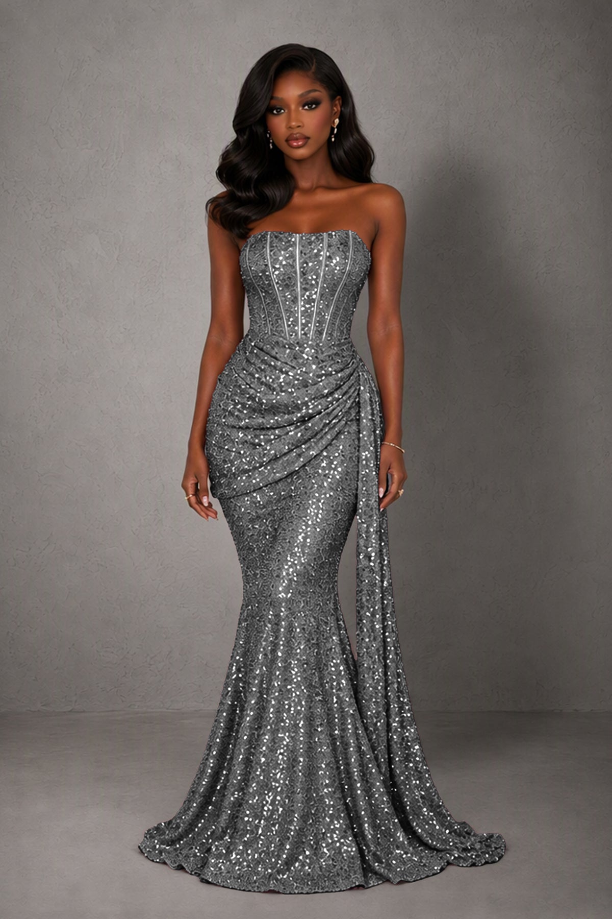 BOLODOO Grey Sequin Strapless Corset Mermaid Evening Gown with Train - Grey