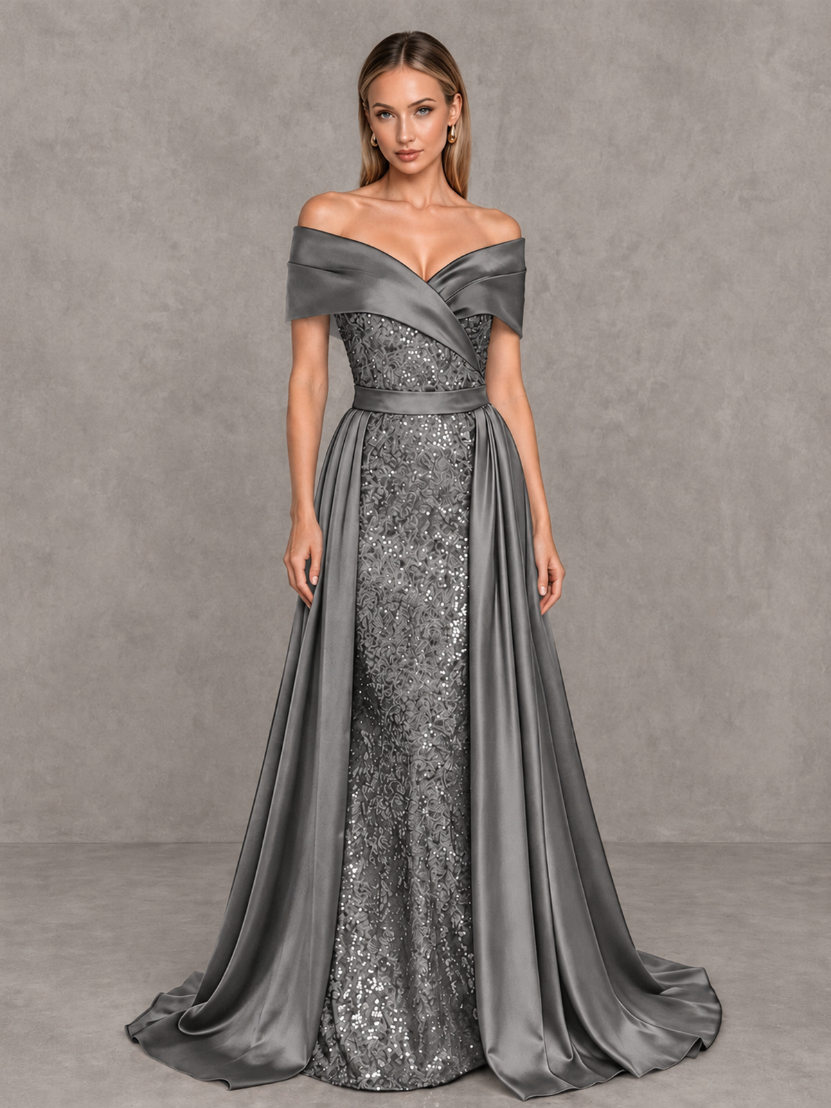 BOLODOO Grey Sequin Mermaid Evening Dress with Detachable Satin Overskirt and Sweep Train - Grey - Grey_1