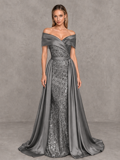 BOLODOO Grey Sequin Mermaid Evening Dress with Detachable Satin Overskirt and Sweep Train - Grey - Grey_1