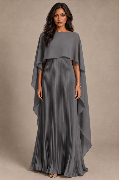 BOLODOO Grey Pleated Cape A-Line Evening Dress - Grey - Grey_1