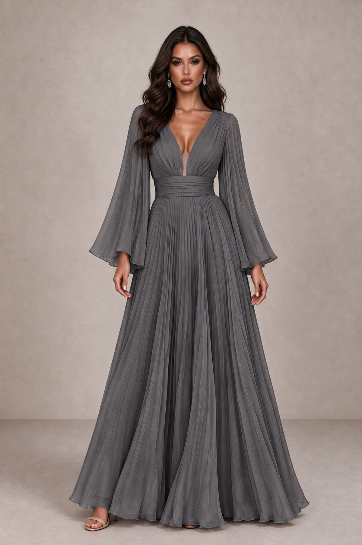 BOLODOO Grey Pleated Deep V-Neck Long Bell Sleeve Evening Dress - Grey - Grey_1
