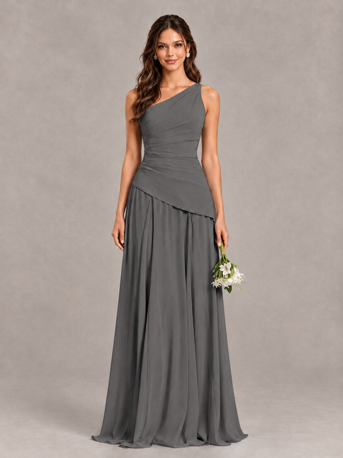 BOLODOO Grey One-Shoulder Lace-Up Back Bridesmaid Dress - Grey - Grey_1