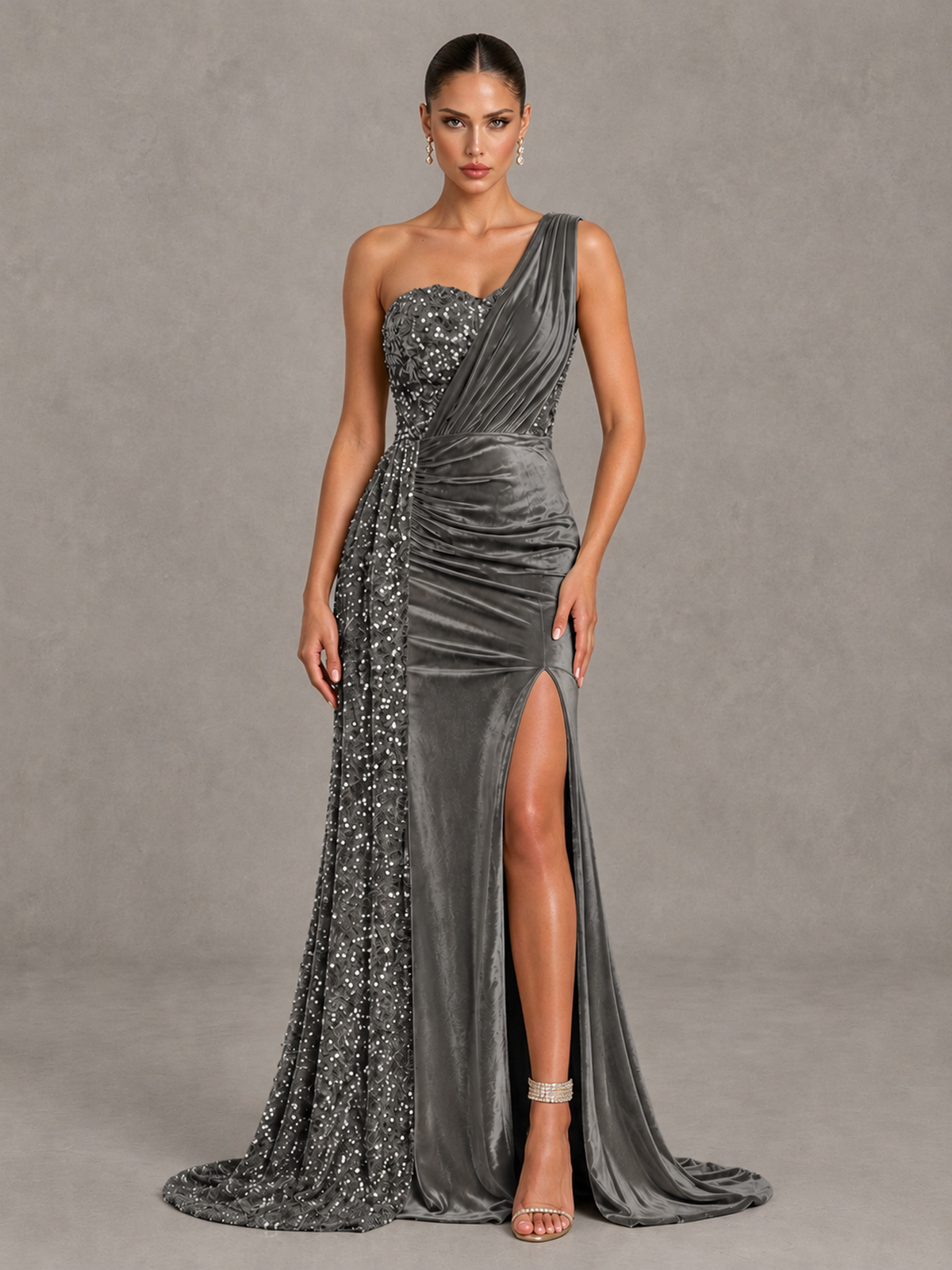 BOLODOO Grey One-Shoulder Satin Sequin Gown with High Slit - Grey - Grey_1