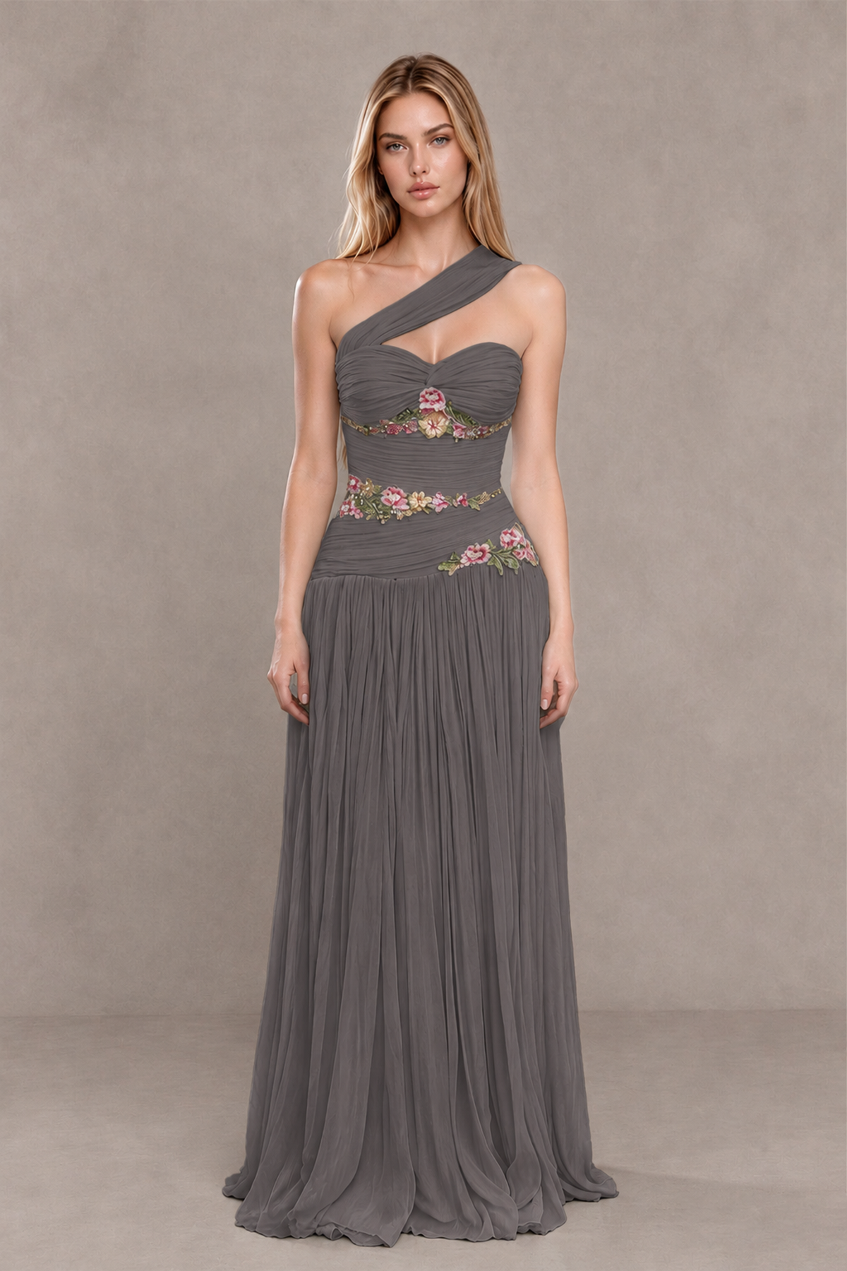 BOLODOO Grey One-Shoulder Floral Applique A-Line Evening Dress - Grey - Grey_1