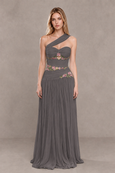 BOLODOO Grey One-Shoulder Floral Applique A-Line Evening Dress - Grey - Grey_1