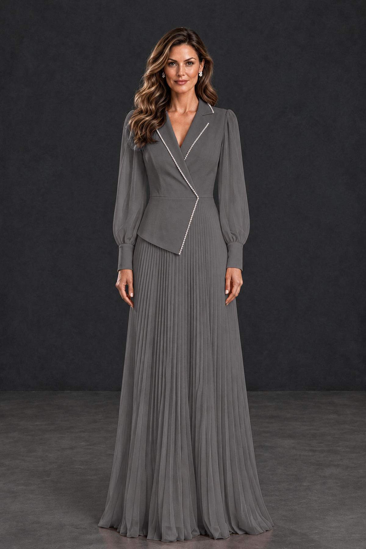 BOLODOO Grey Long Sleeve Pleated Mother of the Bride Dress - Grey - Grey_1