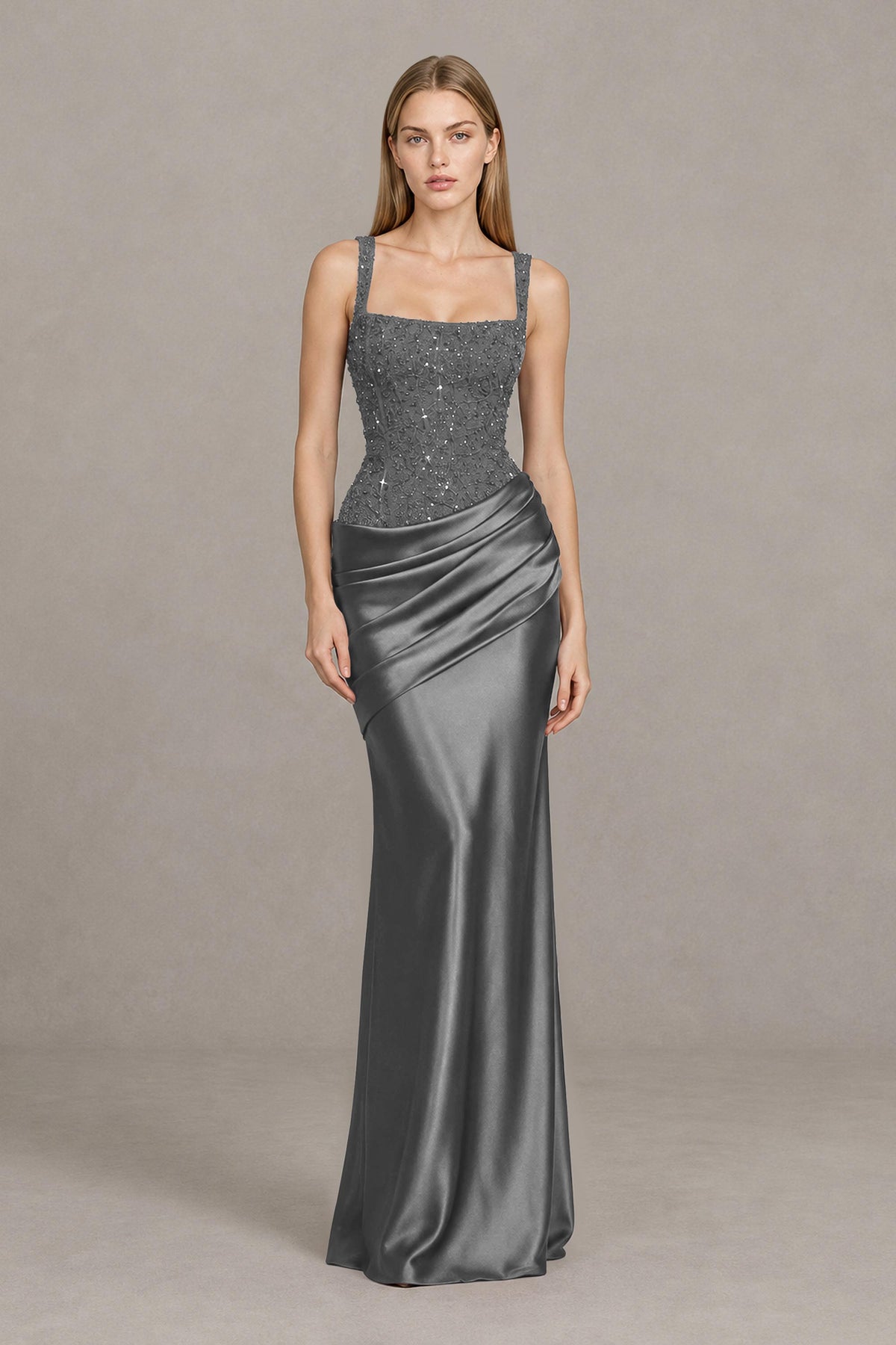BOLODOO Grey Square Neck Embellished Satin Evening Gown - Grey