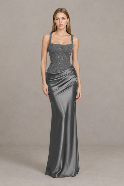 BOLODOO Grey Square Neck Embellished Satin Evening Gown - Grey