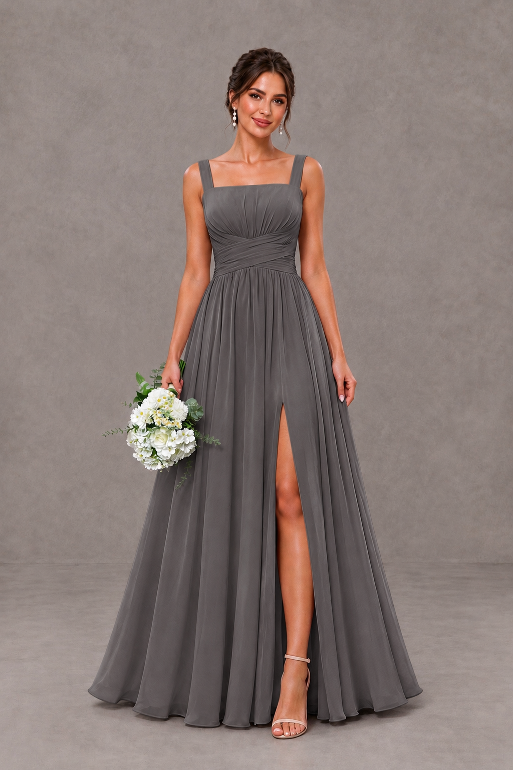 BOLODOO Grey Square Neck A-Line Bridesmaid Dress with Slit - Grey - Grey_1