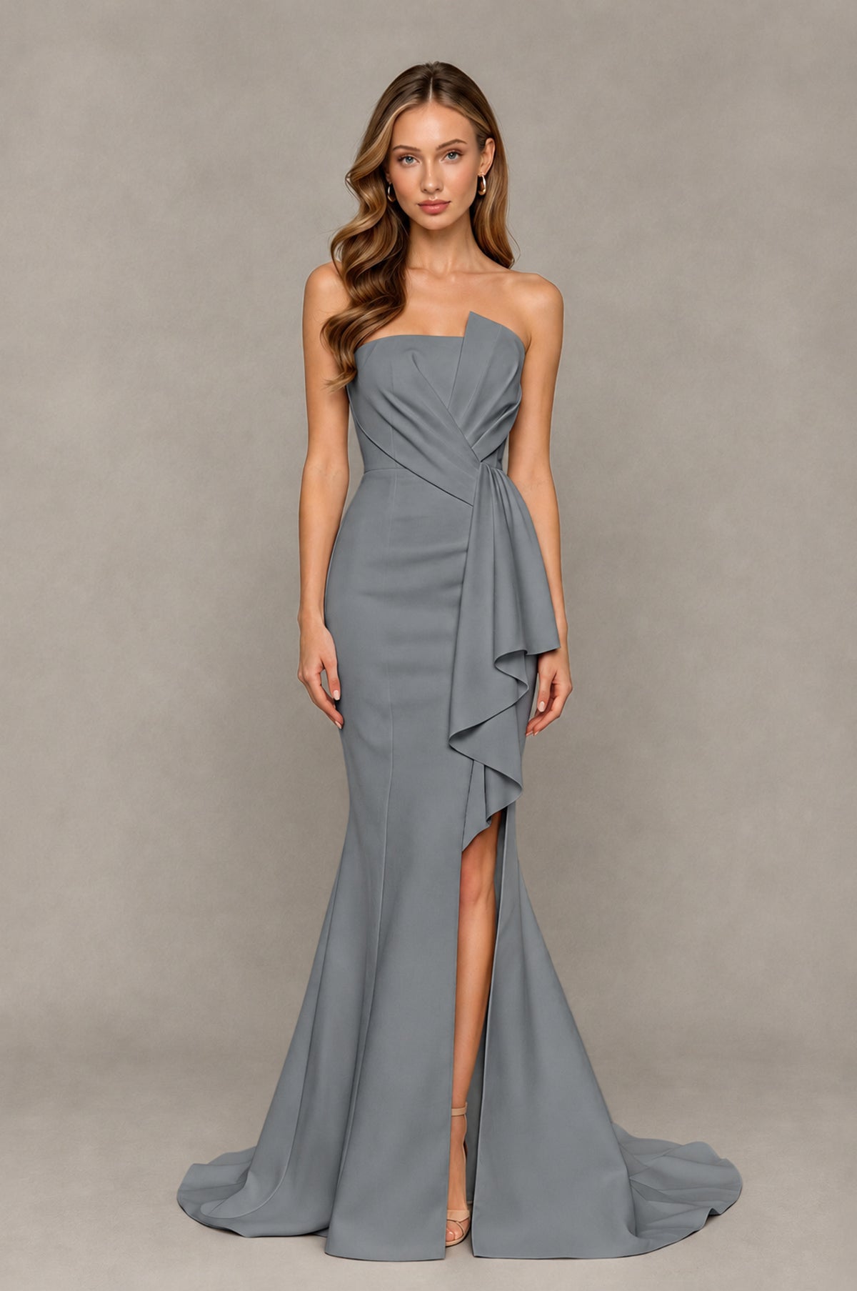 BOLODOO Grey Strapless Mermaid Evening Dress with Ruffle Slit and Train - Grey - Grey_1