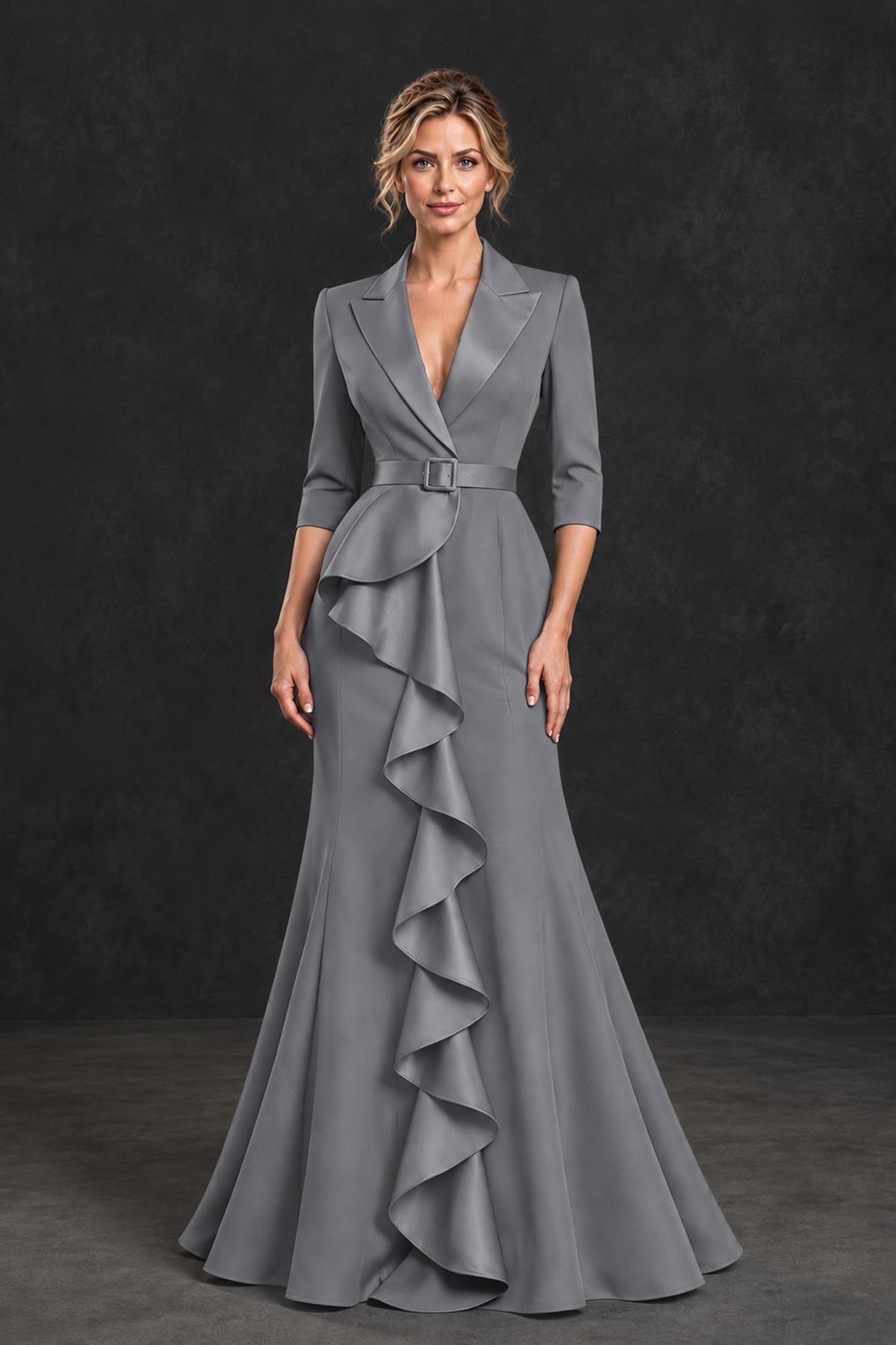 BOLODOO Grey Lapel Ruffle Mother of the Bride Dress with Belt - Grey - Grey_1
