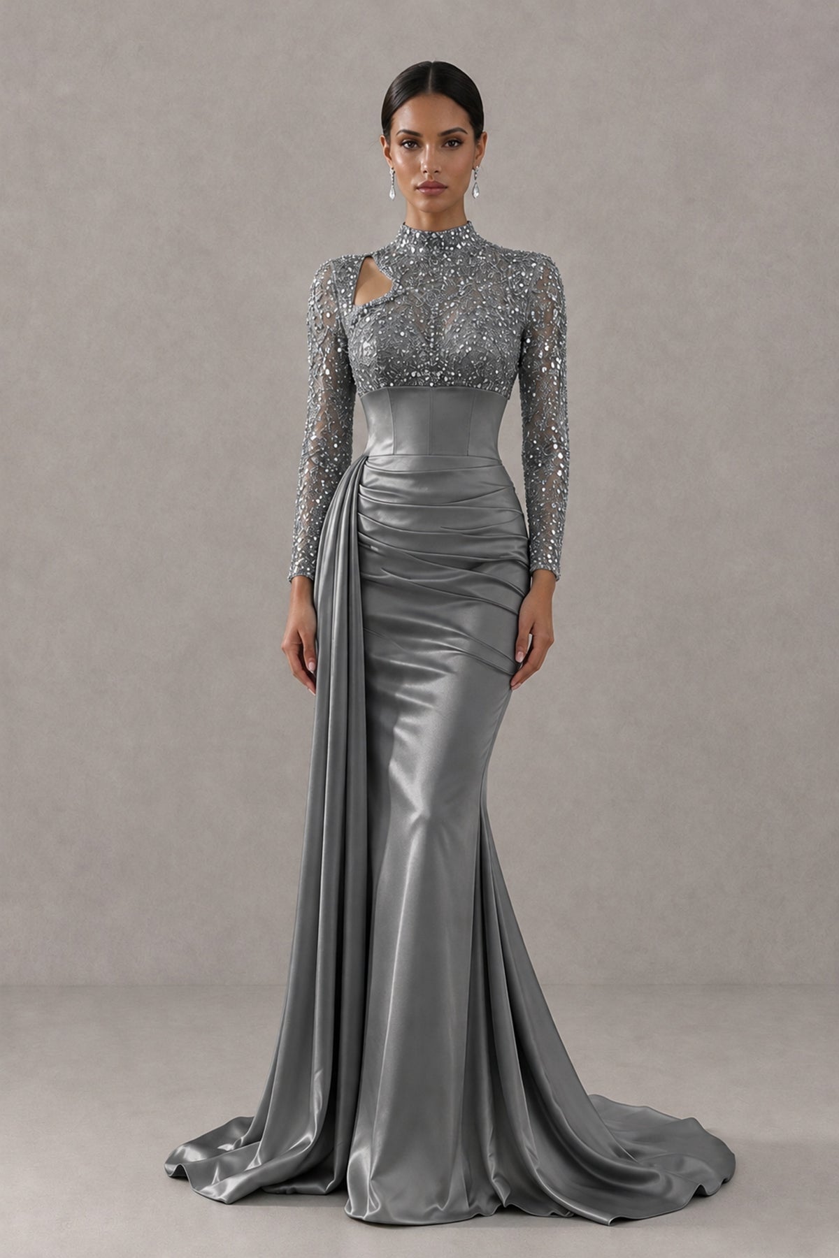 BOLODOO Grey Long Sleeve Embellished Satin Mermaid Evening Gown - Grey - Grey_1