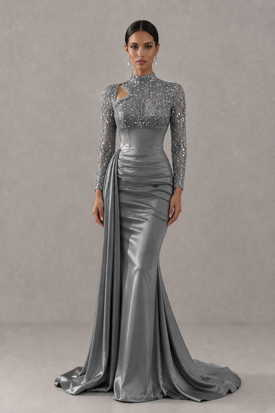 BOLODOO Grey Long Sleeve Embellished Satin Mermaid Evening Gown - Grey - Grey_1