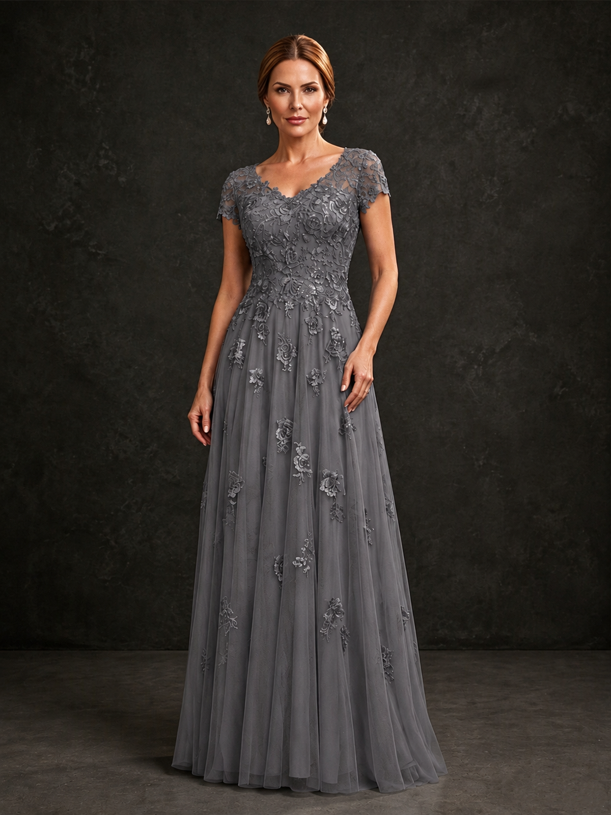 BOLODOO Grey Cap Sleeve Lace Appliqué A-Line Formal Gown | Mother of the Bride Dress - Grey - Grey_1