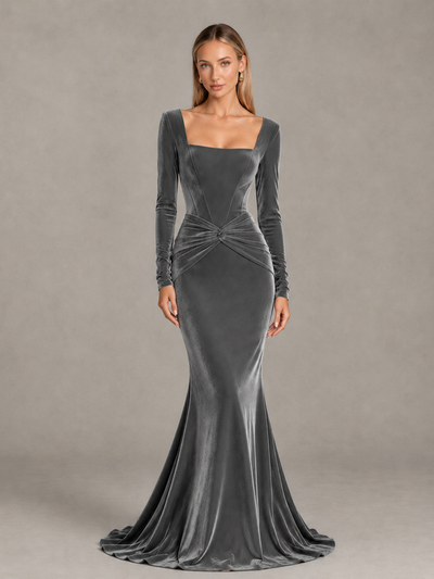 BOLODOO Grey Velvet-Look Square Neck Long Sleeve Mermaid Evening Dress - Grey - Grey_1