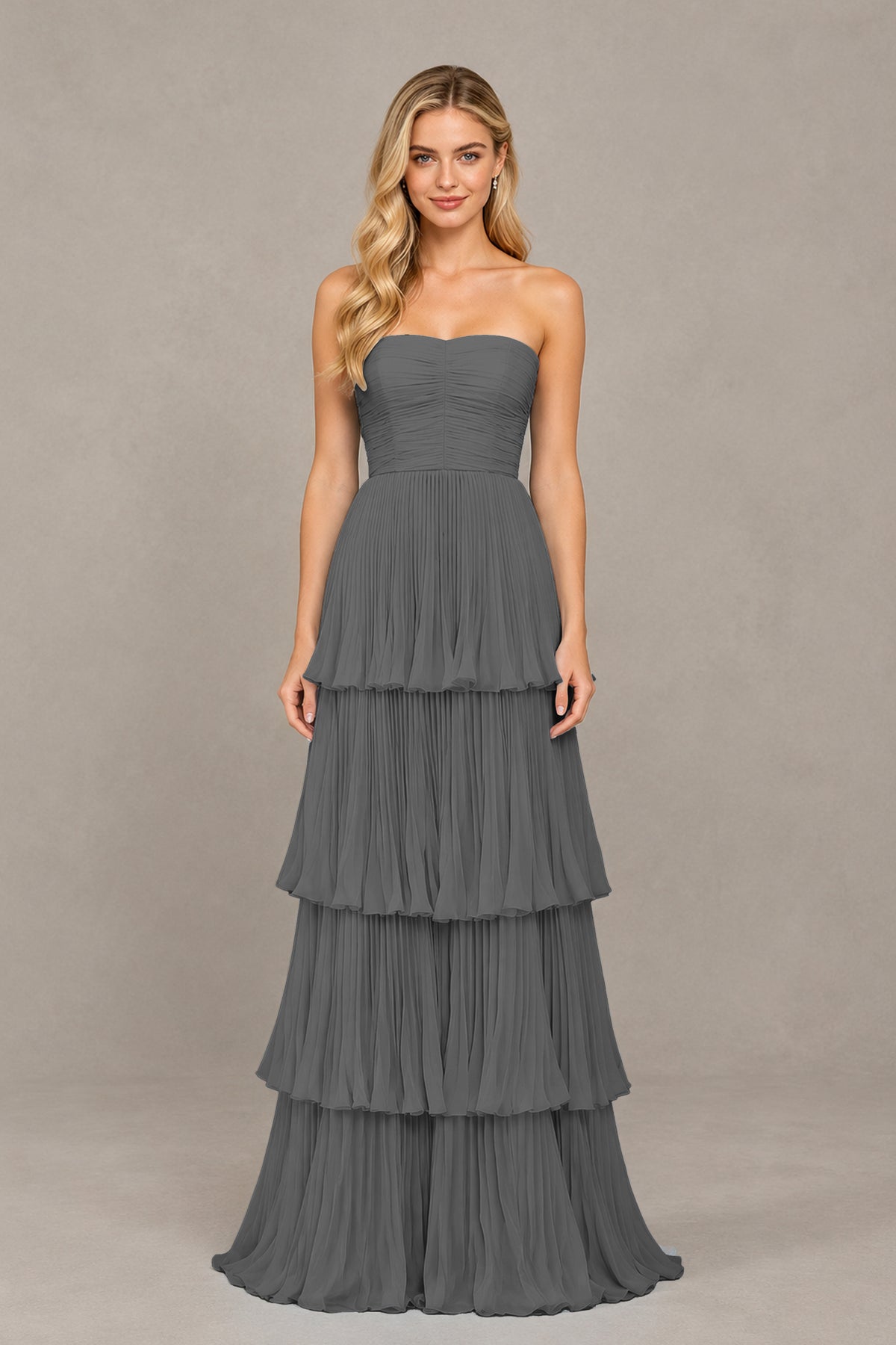 BOLODOO Grey Strapless Tiered Chiffon Maxi Dress - Grey