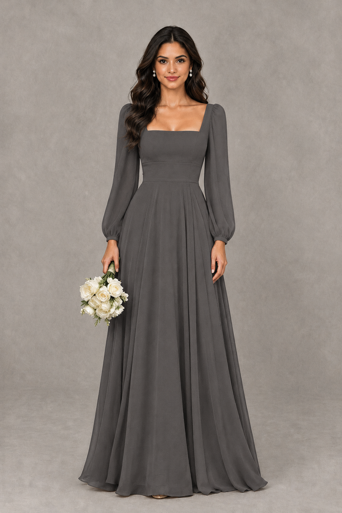BOLODOO Grey Square Neck Long Sleeve A-Line Bridesmaid Dress - Grey - Grey_1